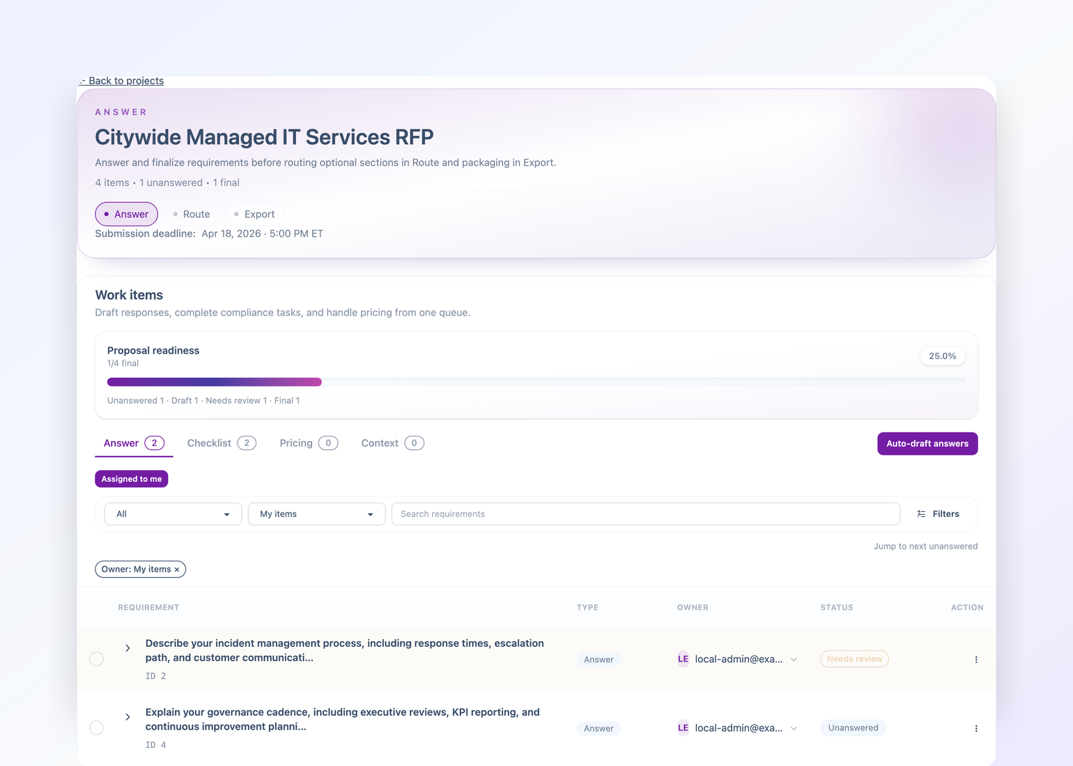 Winify AI RFP response workflow